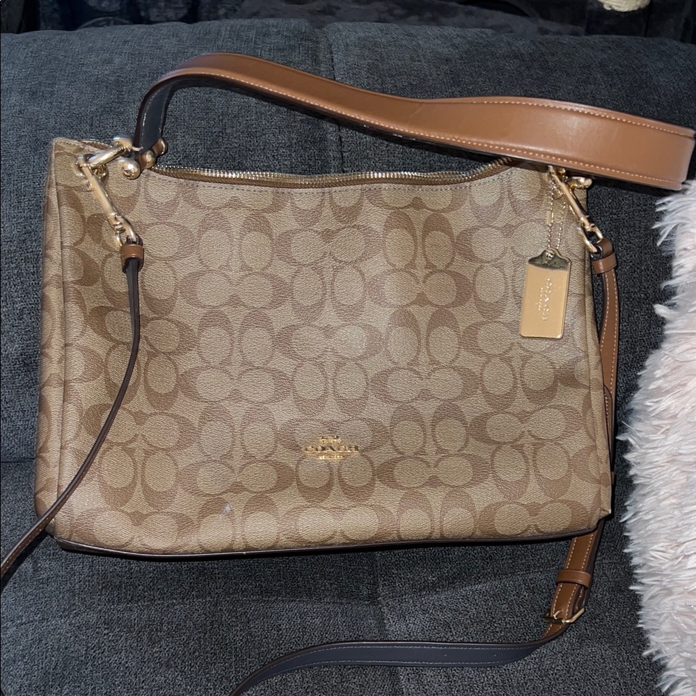 Coach Brown and Tan Signature Shoulder Bag